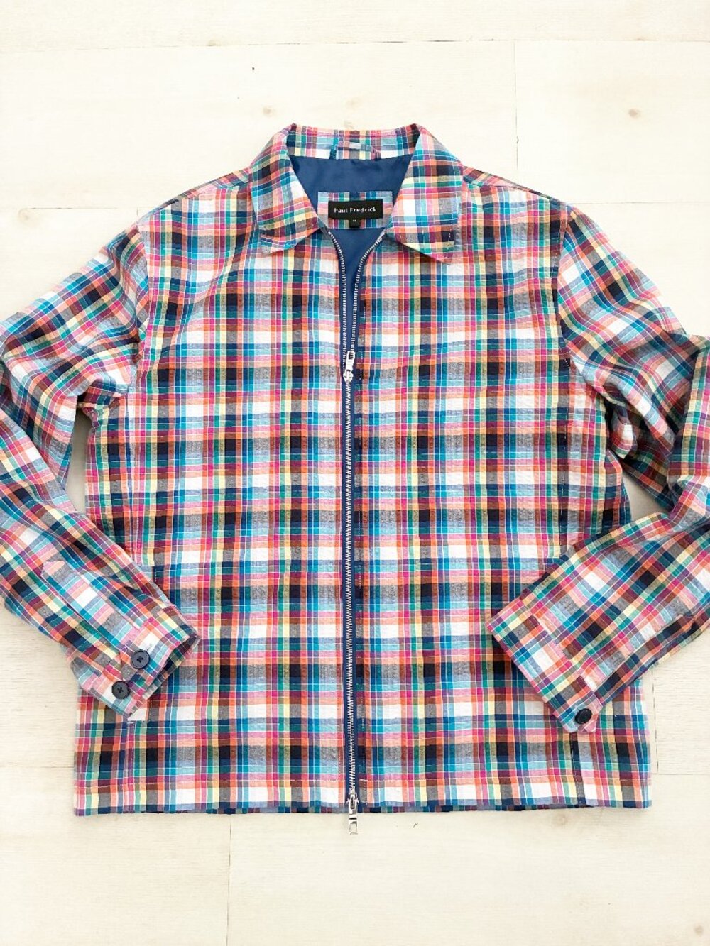 Paul Fredrick Men's Plaid Seersucker Full-Zip Harrington Plaid Jacket Size M